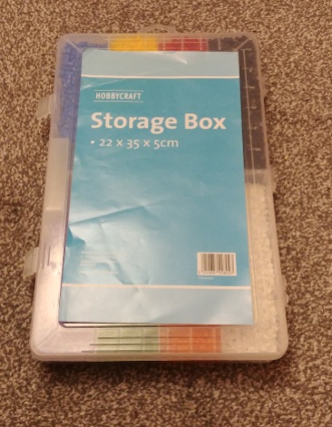 Plastic storage box from Hobbycraft, measuring 22 x 35 x 5cm